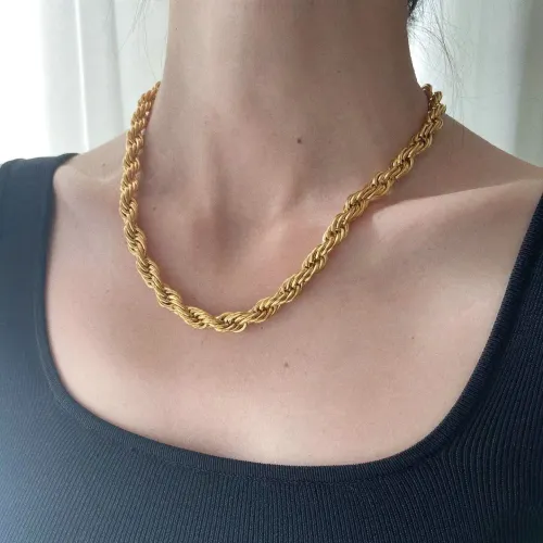 ZTNT143 8mm Romeo Twist Rope Chain Necklace 18K Gold Plated Stainless Steel Chic Women's Fashion Jewelry
