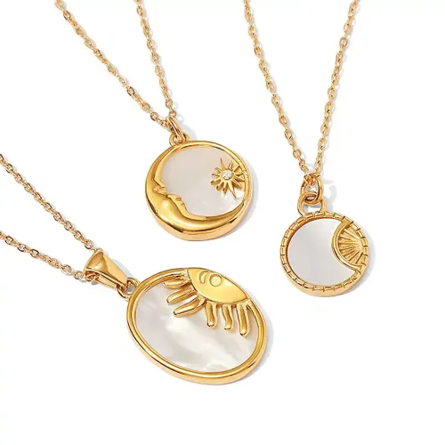 ZTNT172 Elegant 18K Gold Plated Sun Moon Shell Necklace Stainless Steel White Oval Pendant