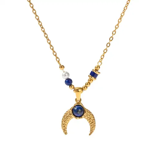 ZTNT99 18K Gold Stainless Steel Pearl & Lapis Lazuli Horn Pendant Necklace Chic Jewelry for Women