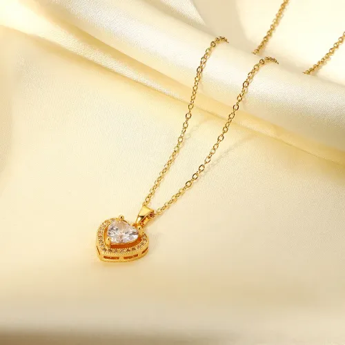 ZTNT257 Gold Stainless Steel Engagement Necklace with Large Crystal Heart Pendant for Women