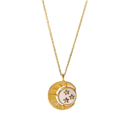 ZTNT435 18K Gold Celestial Necklace with White Shell Stars Moon & Sun Pendants Inlaid with Zircons for Women
