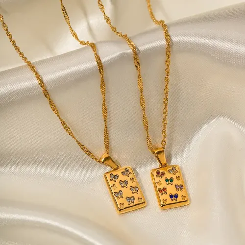 ZTNT269 18K Gold Butterfly Pendant Necklace with White Diamond Square Stainless Steel Jewelry