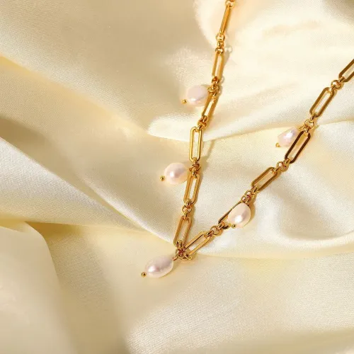 ZTNT212 18K Gold Natural Freshwater Pearl Tassel Necklace Geometric Splicing Chain Stainless Steel