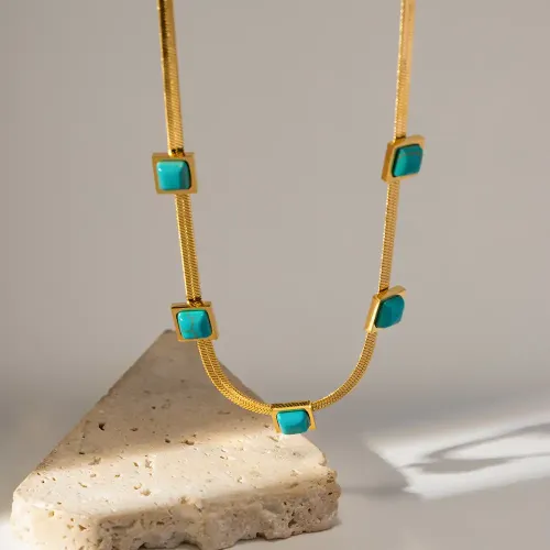 ZTNT227 18K Gold-Plated Stainless Steel Necklace with Square Blue Malachite Pendants