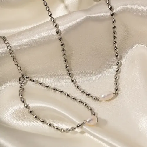 ZTNT406 18K Gold Hollow Oval Bean Chain with Natural Freshwater Pearl Necklace for Women