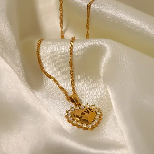 ZTNT392 Gold-Plated Stainless Steel Necklace Set with White Diamond 'LOVE' Pendant