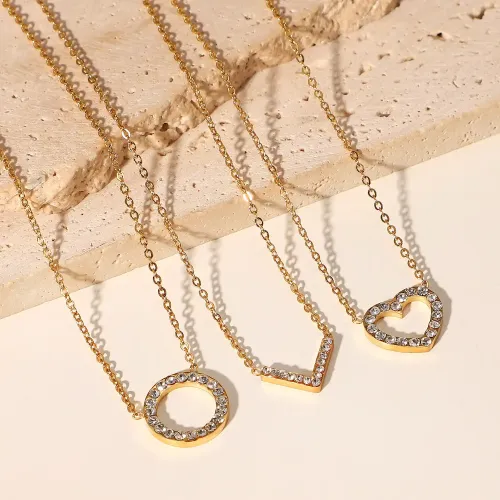 ZTNT366 Gold Stainless Steel Hollow Geometric Heart Necklace with Cubic Zirconia for Women