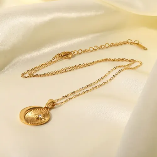 ZTNT267 18K Gold Sun Pendant Necklace with Zircon Inlay Stainless Steel Women's Jewelry