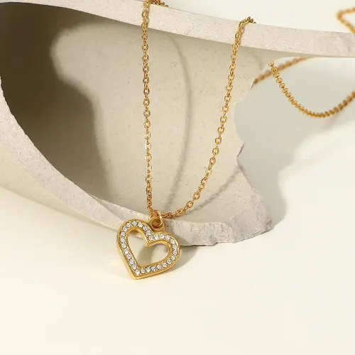 ZTNT182 18K Gold Plated Zircon Heart Necklace Hollow Stainless Steel Pendant for Women