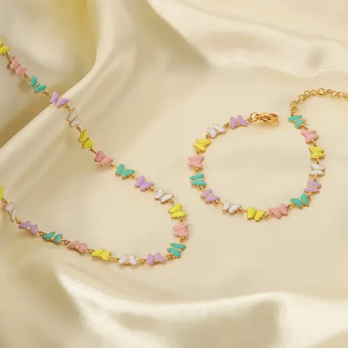 ZTNT173 18K Gold Butterfly Choker & Colorful Enamel Bracelet Set Stainless Steel Women's Jewelry