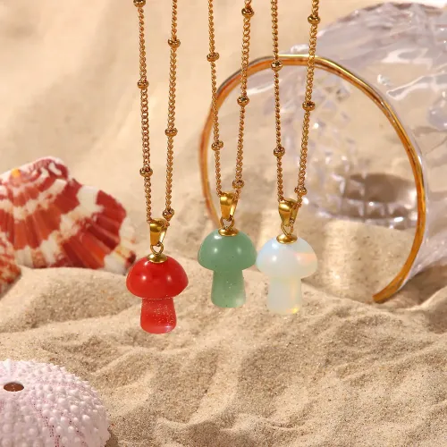 ZTNT359 Women's 18K Gold Stone Mushroom Charm Pendant on Stainless Steel Chain Necklace