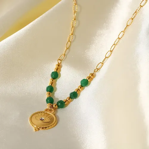ZTNT353 Emerald Stone Eye Pendant Necklace in 18K Gold Zirconia Adorned Women's Accessory