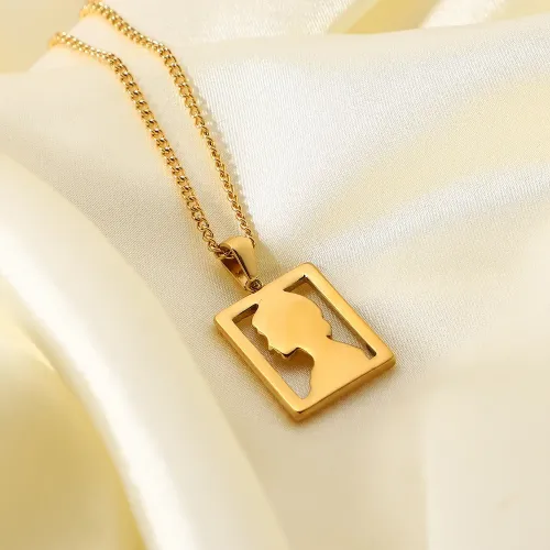 ZTNT336 18K Gold Plated Queen Elizabeth Pendant Stainless Steel Hollow Square Necklace for Women