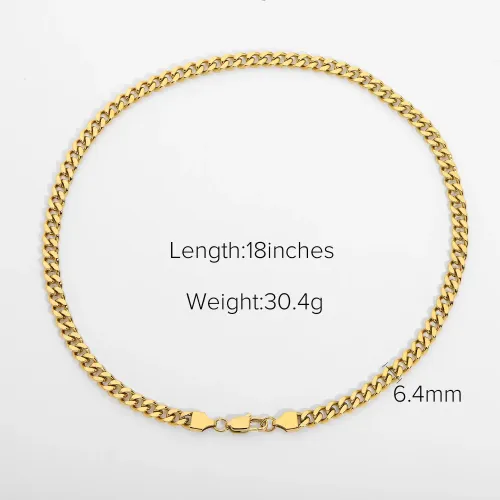 ZTNT400 18K Gold-Plated 6.4MM Chunky Miami Cuban Chain with Flat Lobster Clasp Stainless Steel Necklace