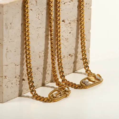 ZTNT393 Diamond-Encrusted Love Punk Style Thick Chain Necklace and Bracelet Set