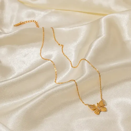 ZTNT282 18K Gold Stainless Steel Butterfly Necklace with White Zirconia Pendant for Women