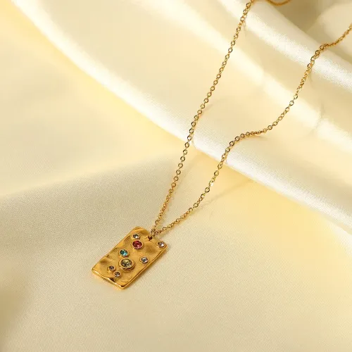 ZTNT138 18K Gold Plated Hammered Square Tag Necklace with Colored Zircon Stainless Steel