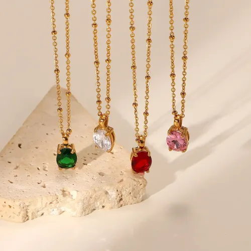 ZTNT459 18K Gold-Plated Stainless Steel Necklace with Oval Zircon Pendant in Red Green & Pink for Women