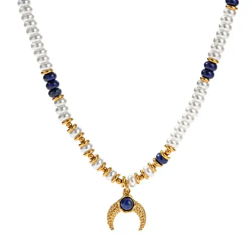 ZTNT324 18K Gold Stainless Steel Pearl Lapis Moon Pendant Necklace