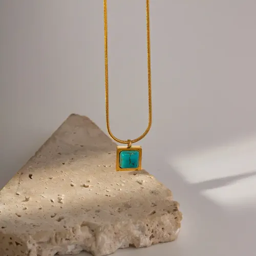 ZTNT42 18K Gold Stainless Steel Necklace with Square Blue Malachite Pendant Luxury Jewelry