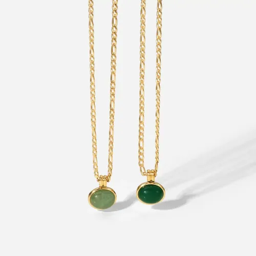 ZTNT37 Gold-Plated Green Jade Pendant Necklace for Women Stainless Steel Figaro Clavicle Chain