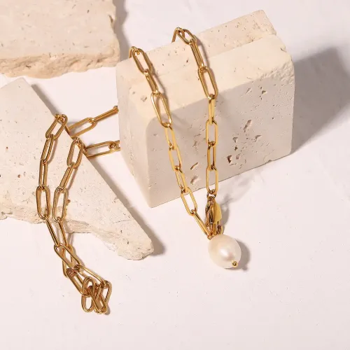 ZTNT299 Y-Shape Freshwater Pearl Pendant Necklace Stainless Steel Paperclip Chain for Women