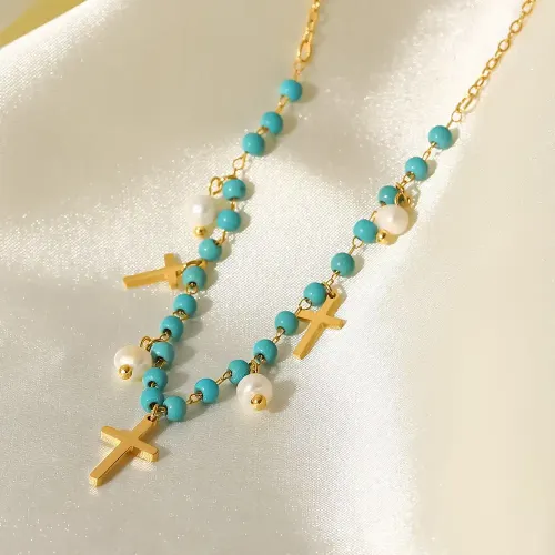 ZTNT352 Blue Stone Rice Bead Choker with Cross Freshwater Pearl Tassel Women's Popular Necklace