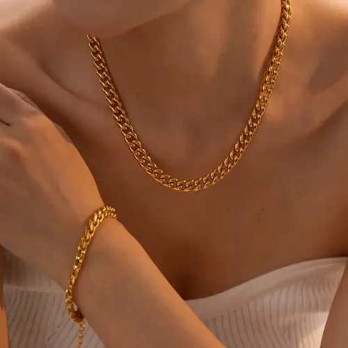 ZTNT465 Elegant Cuban Chain Pendant Necklace & Bracelet Set Chic Stainless Steel Clavicle Jewelry