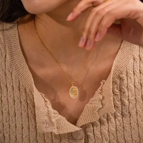 ZTNT287 18K Stainless Steel Pearl Flower Pendant Necklace with Laser-Cut Frame Jewelry