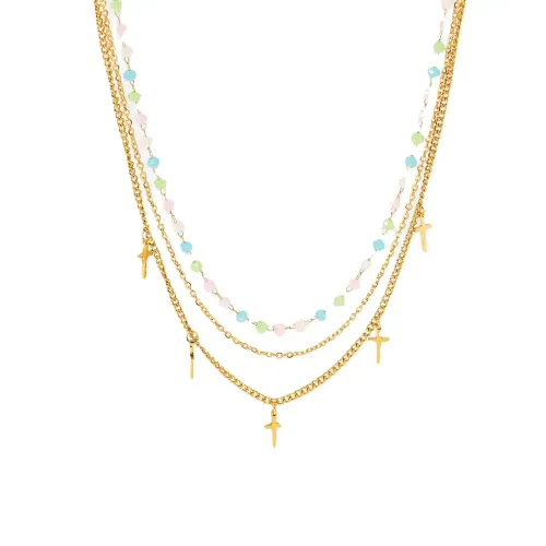ZTNT357 18K Gold-Plated Stainless Steel Triple-Layer Cross Tassel Necklace with Colorful Stone Balls for Women
