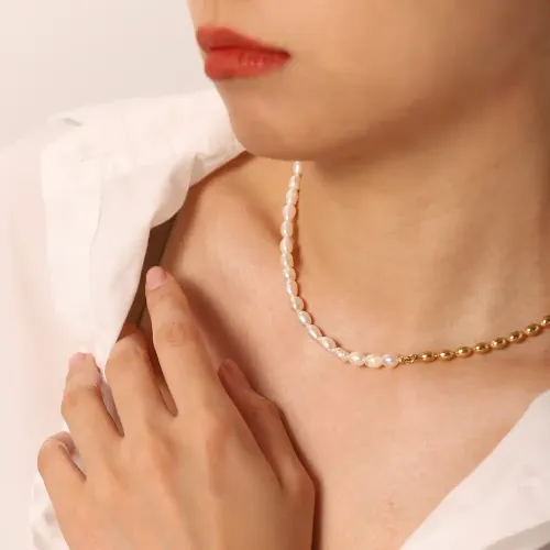 ZTNT154 18K Gold-Plated Beads & Freshwater Pearl Choker Stainless Steel Short Necklace for Women