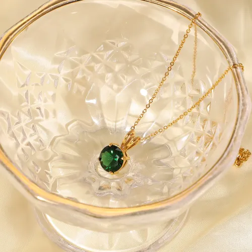 ZTNT251 Women's 18K Gold Plated Round Diamond Pendant Necklace with Natural Gemstone Stainless Steel Jewelry