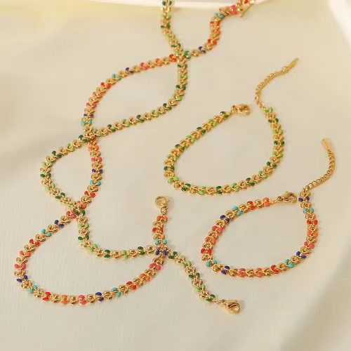 ZTNT246 Women's 18K Gold Leaf Bracelet Necklace Set Mixed Color Elegant Jewelry Ensemble