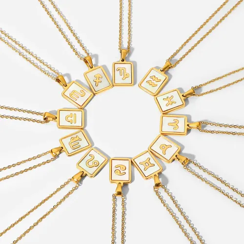 ZTNT328 18K Gold-Plated Zodiac Sign Necklace Stainless Steel White Shell Pendant for Women