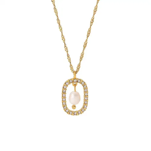 ZTNT500 18K Gold Stainless Steel Hollow Oval Pendant with Clear Zircon & Freshwater Pearl Necklace
