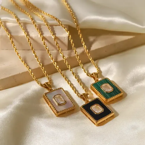 ZTNT326 Stainless Steel Twist Chain Necklace with Square White Zircon & Malachite Pendant for Women