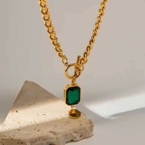 ZTNT266 Emerald Hao Stone Pendant Necklace 18K Gold Plated Stainless Steel Jewelry