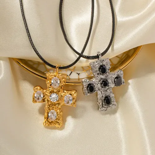 ZTNT38 18K Gold-Plated Hammered Cross Necklace with Zircon Stainless Steel Waxed Cord Jewelry