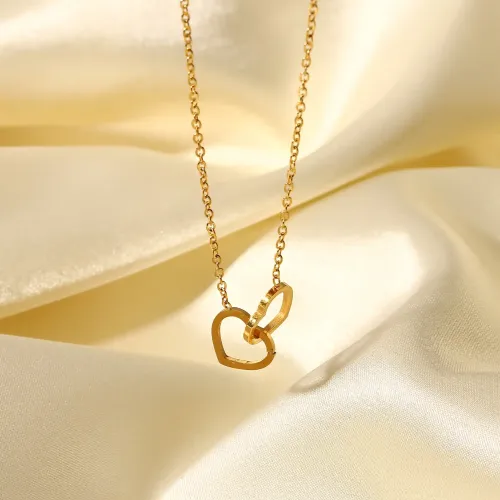 ZTNT397 18K Gold Stainless Steel Heart Pendant Necklace Double Love Ring Design for Women