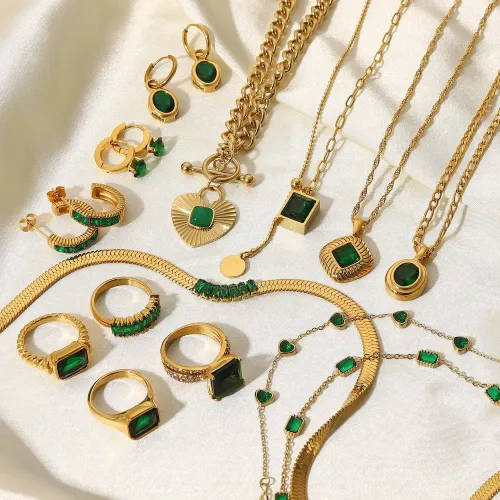 ZTNT27 Green Zircon Jewelry Set Necklace Earrings Bracelet & Ring for Women in Stainless Steel