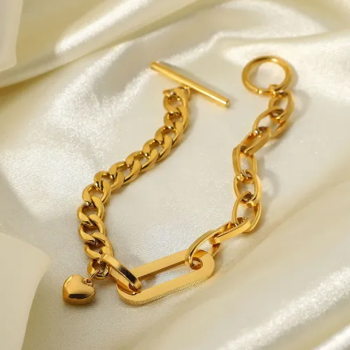ZTBT90 18K Gold Plated Stainless Steel Cuban Chain Bracelet with Oval Love Pendant & OT Clasp