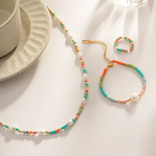 ZTBT191 18K Gold Beaded Fantasy Necklace & Ring Set Luxury Bracelet Jewelry for Women