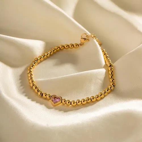 ZTBT131 16K Gold Bracelet with Green Zircon & Round Beads Wholesale Jewelry