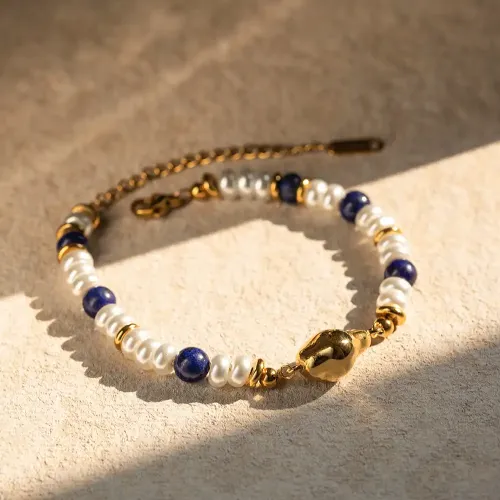 ZTBT86 Wholesale 18K Gold Stainless Steel Pearl & Lapis Lazuli Drop Bracelet Jewelry
