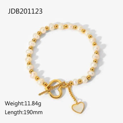ZTBT56 18K Gold Freshwater Pearl Bracelet with White Shell Love Pendant & OT Clasp for Women