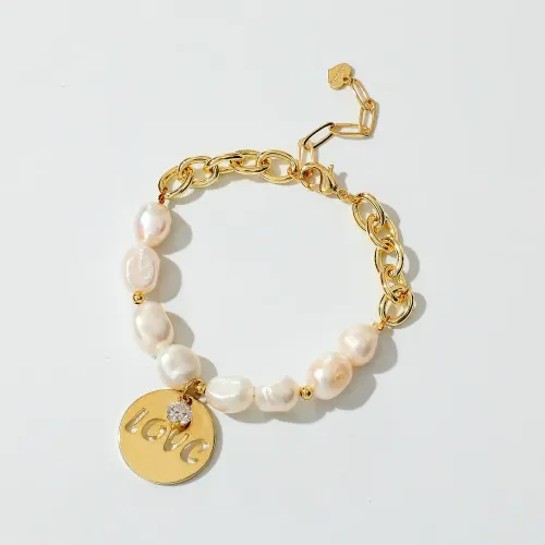 ZTBT190 Women's Gold Plated Copper Love Pendant & Zircon Charm Bracelet with Freshwater Pearl