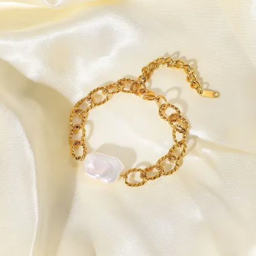 ZTBT49 Baroque Freshwater Pearl Bracelet for Women 18K Gold-Plated Stainless Steel Twist Chain