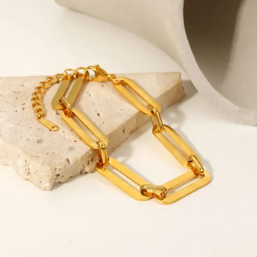 ZTBT247 18K Gold-Plated Stainless Steel Chain Bracelet Minimalist Handmade Women's Rectangular Bangle