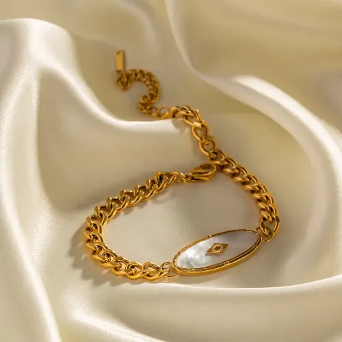 ZTBT166 Luxury Natural White Shell Mother-of-Pearl Inlay Cuban Chain Stainless Steel Bracelet