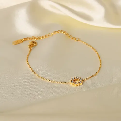 ZTBT152 18K Gold Plated Stainless Steel Bracelet with Round Hollow Pendant & White Cubic Zirconia for Women